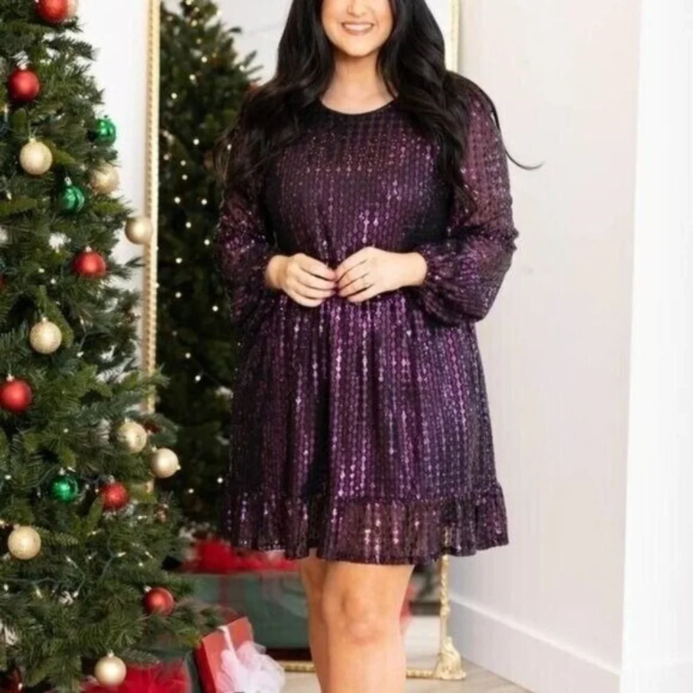 Dress 1X Purple Chic Soul All Over Sequins Skater Mini Long Sleeves Plus Size